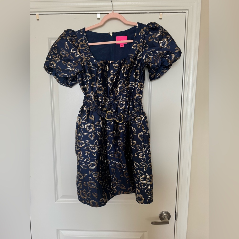 Lilly Pulitzer Navy Dress with Metallic Gold Floral Print